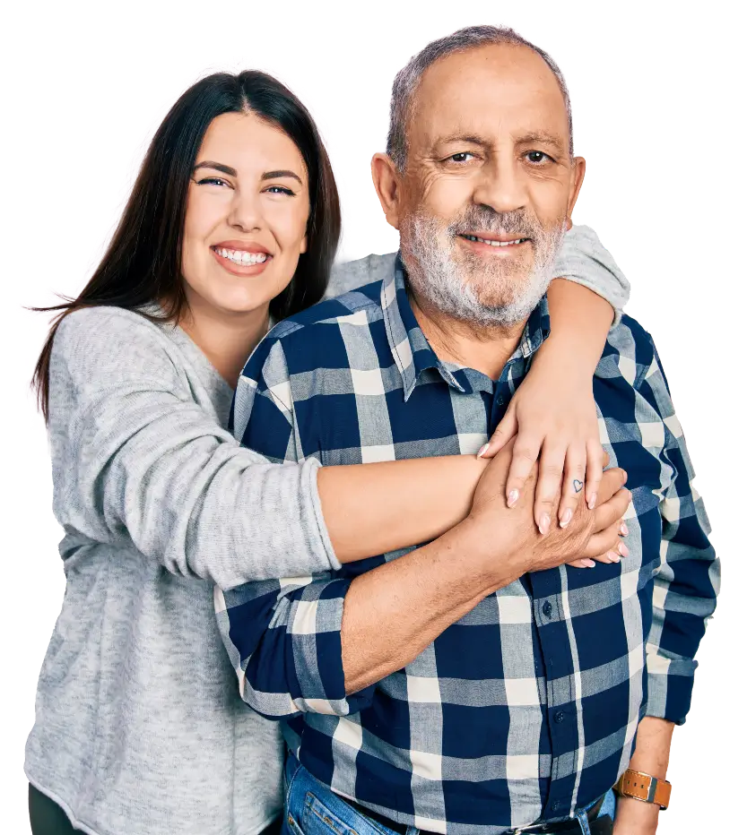 Smiling adult daughter hugging her elderly father, ready to start their assisted living placement journey